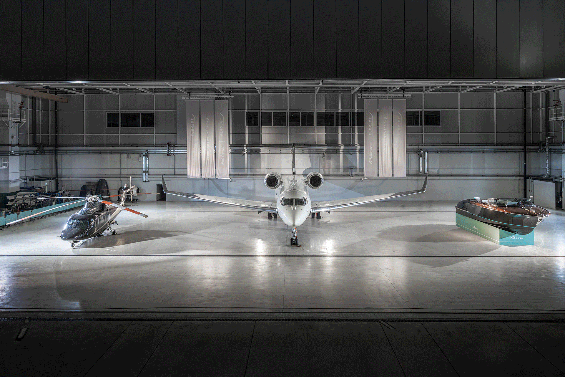 Exquisite cabin design from the air to the water: Flexjet & Ferretti Group unveil the Riva Volare private jet & helicopter interior.
